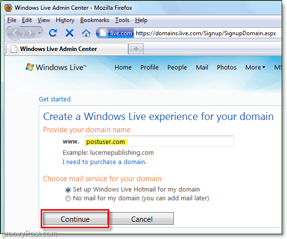 укажите ваше доменное имя для Windows Live