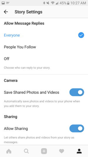 Используйте настройки для автоматического сохранения фотографий и видео, которые вы добавляете в свою историю, на свой смартфон.