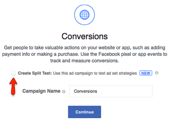 Установите флажок, чтобы создать сплит-тест для вашей кампании в Facebook.