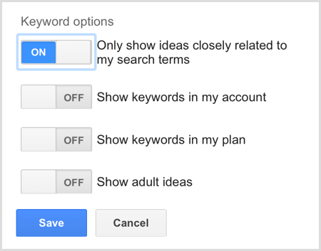 Параметры ключевых слов для поиска в Планировщике ключевых слов Google AdWords