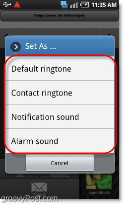 установить звук в качестве мелодии звонка, уведомления, будильника или контакта
