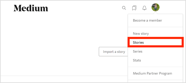 Щелкните изображение или значок своего профиля Medium и выберите Stories.