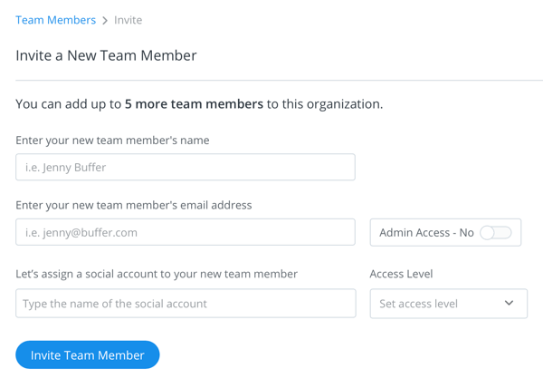 Экран сведений для приглашения и установки уровней доступа для члена вашей группы Buffer.