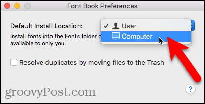 Выберите компьютер в качестве места установки по умолчанию в шрифтовой книге