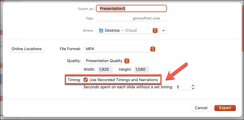 Использование записанного времени для экспортированного видео в PowerPoint на Mac