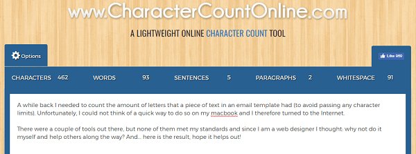 Используйте CharacterCountOnline.com для подсчета символов, слов, абзацев и т. Д.