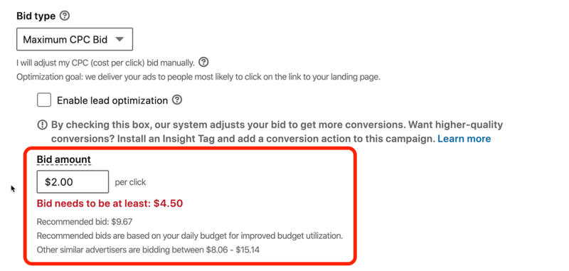 снимок экрана с сообщением красным цветом: «Ставка LinkedIn должна быть не менее 4,50 долларов США»