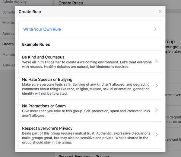 Как улучшить сообщество группы в Facebook, пример заранее составленных правил группы Facebook