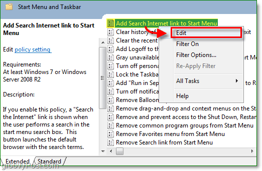щелкните ссылку «Добавить поиск в Интернете» для запуска менюa, а затем выберите параметр редактирования в контекстном меню Windows 7, щелкнув правой кнопкой