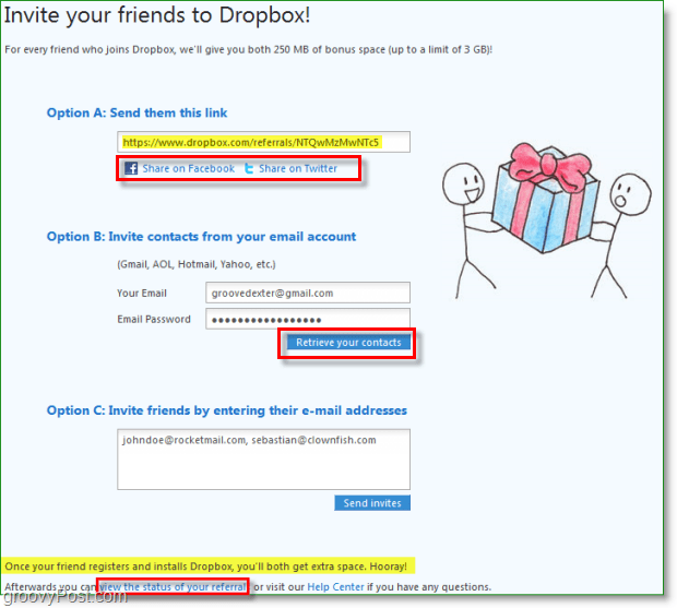 Скриншот Dropbox - множество способов поделиться своими приглашениями в Dropbox