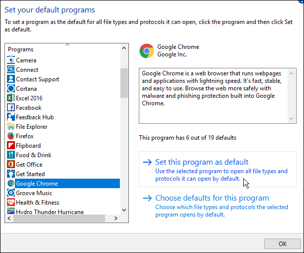 Изменить браузер по умолчанию в Windows 10 Anniversary Update