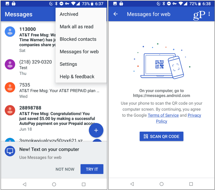 Приложение Android Messages Сканирует QR-код
