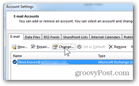 Добавить почтовый ящик Outlook 2013 - нажмите кнопку Изменить