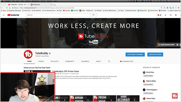 Дасти Портер переходит к скринкасту, который показывает его в нижнем левом углу и увеличенному изображению экрана его компьютера, которое показывает страницу канала TubeBuddy на YouTube.