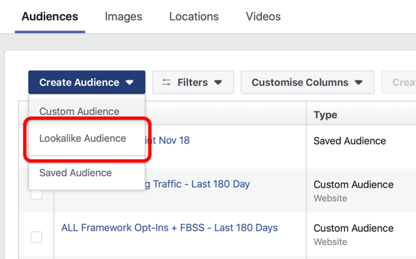 Возможность создать похожую аудиторию Facebook в разделе «Создать аудиторию» в Facebook Ads Manager.