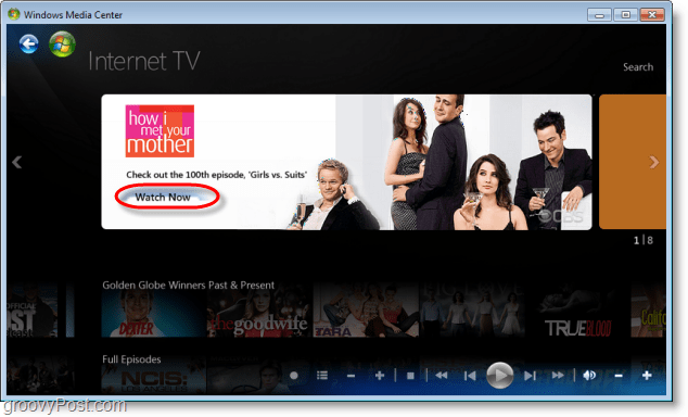 Windows 7 Media Center - нажмите «Смотреть сейчас», чтобы просмотреть шоу или просмотреть их 
