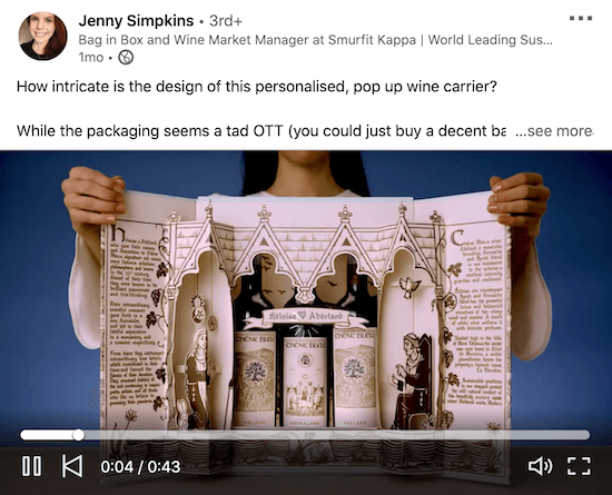 пример Linked-видео от Дженни Симпкинс, показывающий, как использовать встроенную подробную упаковку винного пакета, чтобы произвести впечатление
