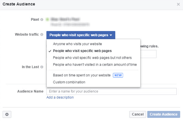 В меню «Трафик веб-сайта» выберите, кого вы хотите включить в свою аудиторию Facebook.