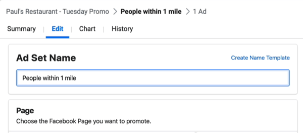 изменить поле имени рекламного набора в Facebook Ads Manager