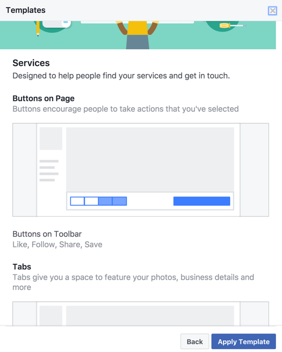 Различные шаблоны страниц Facebook имеют разные призывы к действию, кнопки на панели инструментов и вкладки, специально выбранные и организованные для каждого типа бизнеса.