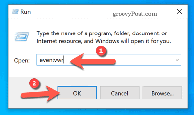 Открытие средства просмотра событий с помощью функции "Выполнить" в Windows