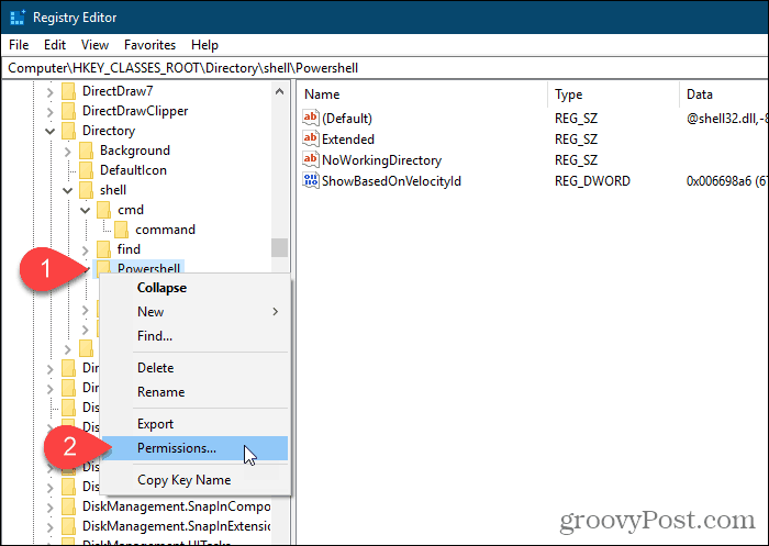Выберите Разрешения для ключа Powershell в редакторе реестра Windows.