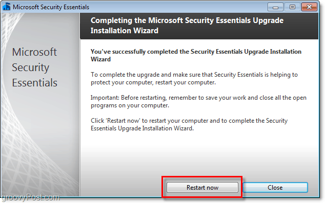 перезагрузите компьютер для завершения установки бета-версии Microsoft Security Essentials 2.0