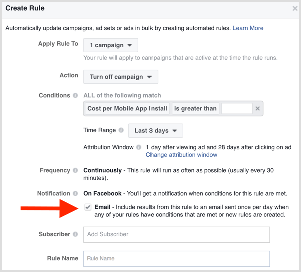 Уведомление по электронной почте с автоматическим правилом Facebook Ads Manager