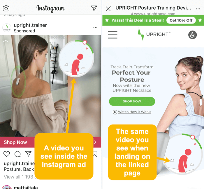 одинаковые видео и визуальные элементы в рекламе Instagram и связанной целевой странице