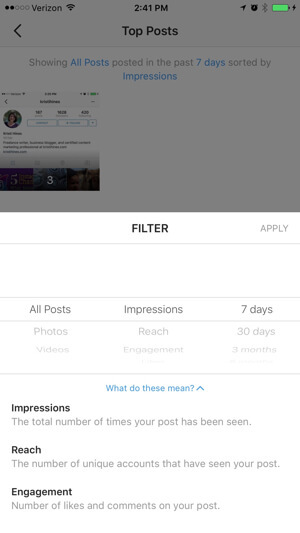 Фильтр аналитики бизнес-профиля instagram