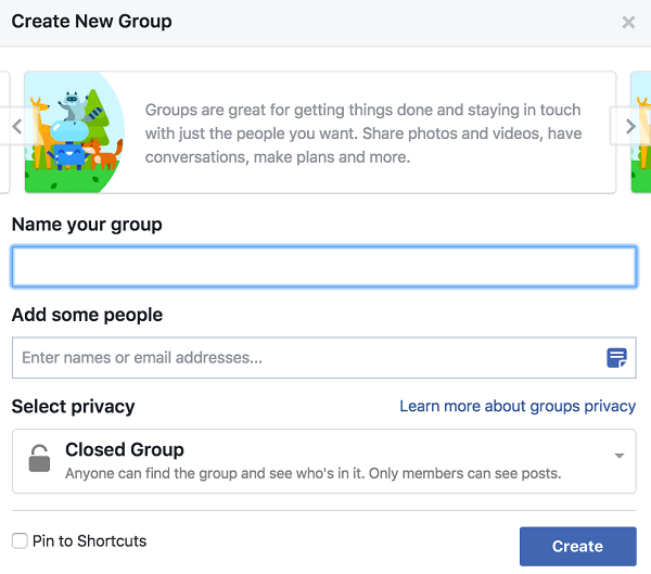 Дайте своей группе имя, добавьте людей и выберите настройку конфиденциальности.