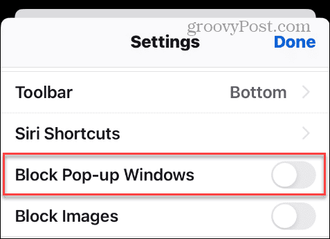 Параметр «Блокировать всплывающие окна Windows» в настройках iPhone Firefox