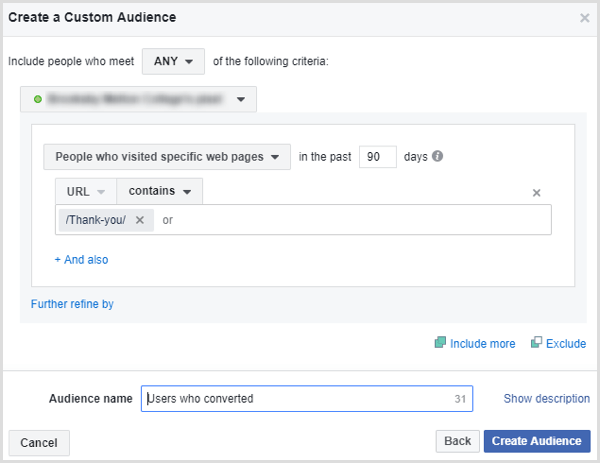 facebook создать настраиваемую аудиторию людей, которые отправили форму