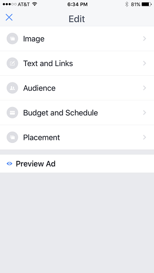 редактировать параметры рекламной кампании в приложении facebook Pages Manager
