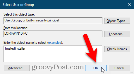 Закройте диалоговое окно «Выбрать пользователя или группу» в редакторе реестра Windows