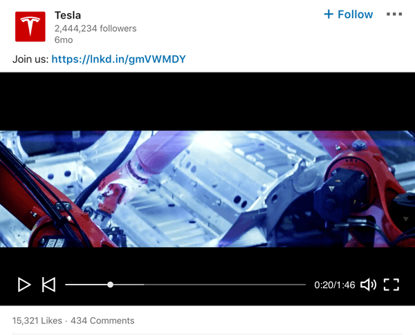 Пример видеопоста на странице компании Tesla в LinkedIn.