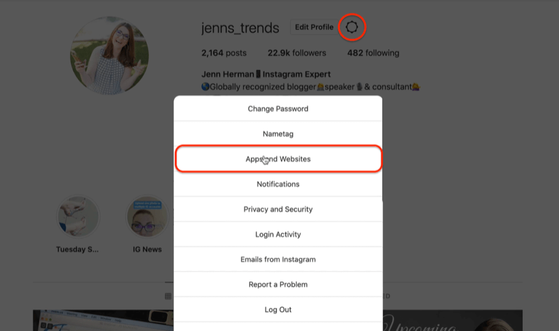 значок шестеренки профиля instagram изменить параметры меню настроек, выделив опцию приложений и веб-сайтов