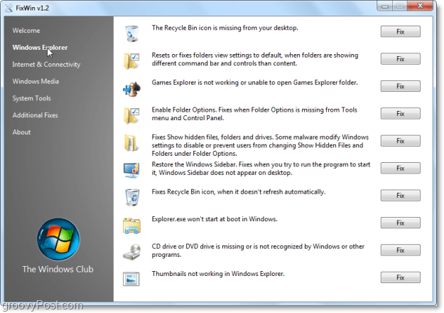 FixWin Windows Explorer исправляет скриншот