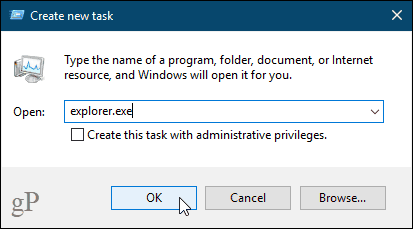 Диалоговое окно создания новой задачи в диспетчере задач Windows 10