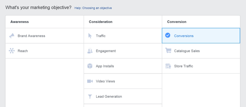 Стратегия маркетинга в социальных сетях; Снимок экрана с целью конверсии в Facebook Ads Manager.
