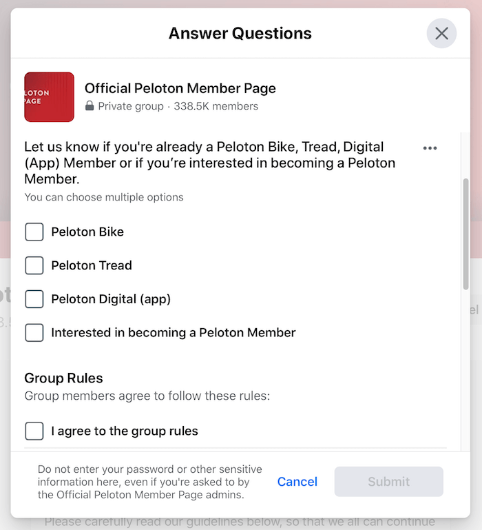 пример проверочных вопросов группы facebook для официальной группы страниц участника peloton