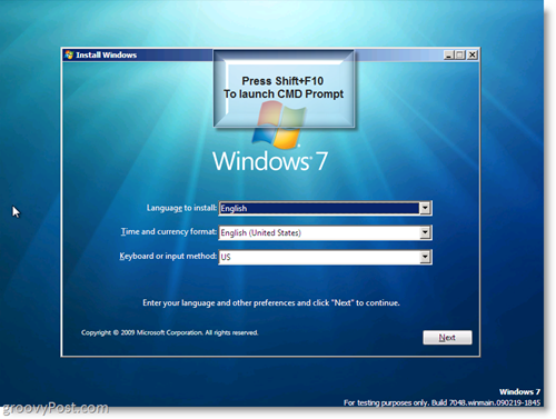 Установка Windows 7 - Запустите CMD Prompt, используя Shift + F10