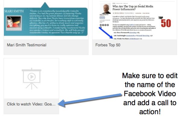 Когда вы добавляете ссылки на видео Facebook в свой профиль, отредактируйте заголовок, включив в него призыв к действию для просмотра видео.