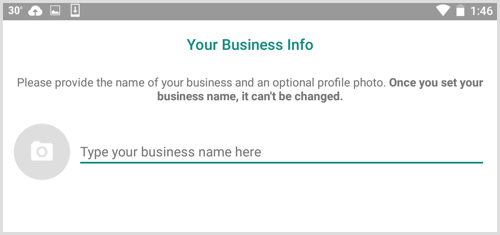Введите название своей компании на экране информации о вашей компании в WhatsApp Business.
