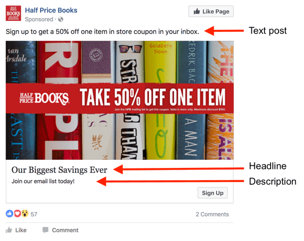В рекламе Facebook есть три области для текста.