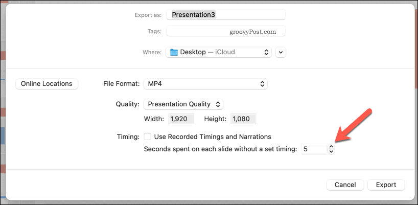 Использование ручной настройки времени для экспортированного видео в PowerPoint на Mac