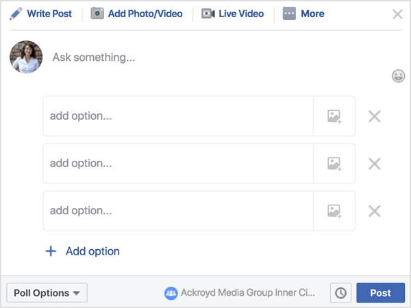 В сообщении группы Facebook нажмите Опрос, а затем напишите вопрос или подсказку. 