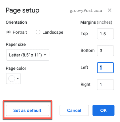 Настройка страницы, установленная как кнопка по умолчанию в Документах Google