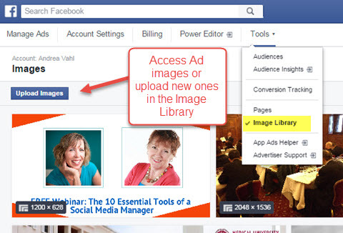 доступ к библиотеке изображений менеджера рекламы facebook
