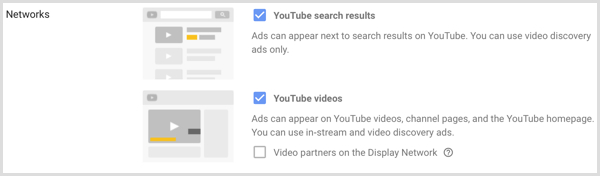 Настройки сетей для кампании Google AdWords.